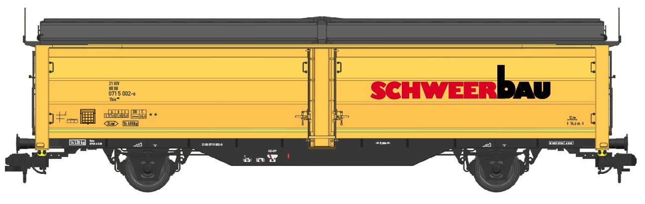 Bauform C mit drei Wänden Dach und Schiebewandwagen, Schweerbau-Logo, Betriebsnummer 071 5 002-9, Federpuffer, R=1020 mm